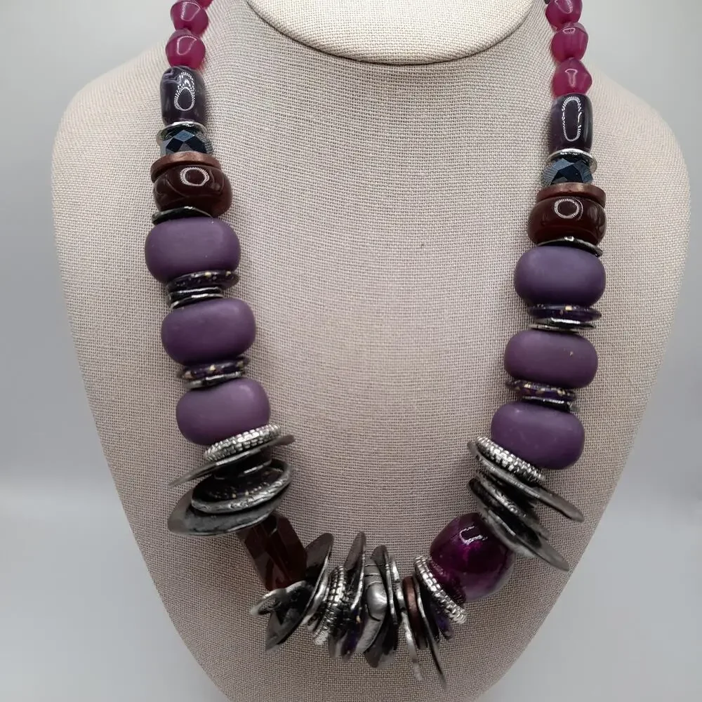 Chico’s Boho Statement Necklace Silver Tone Purple Glass Beads 22 Inch